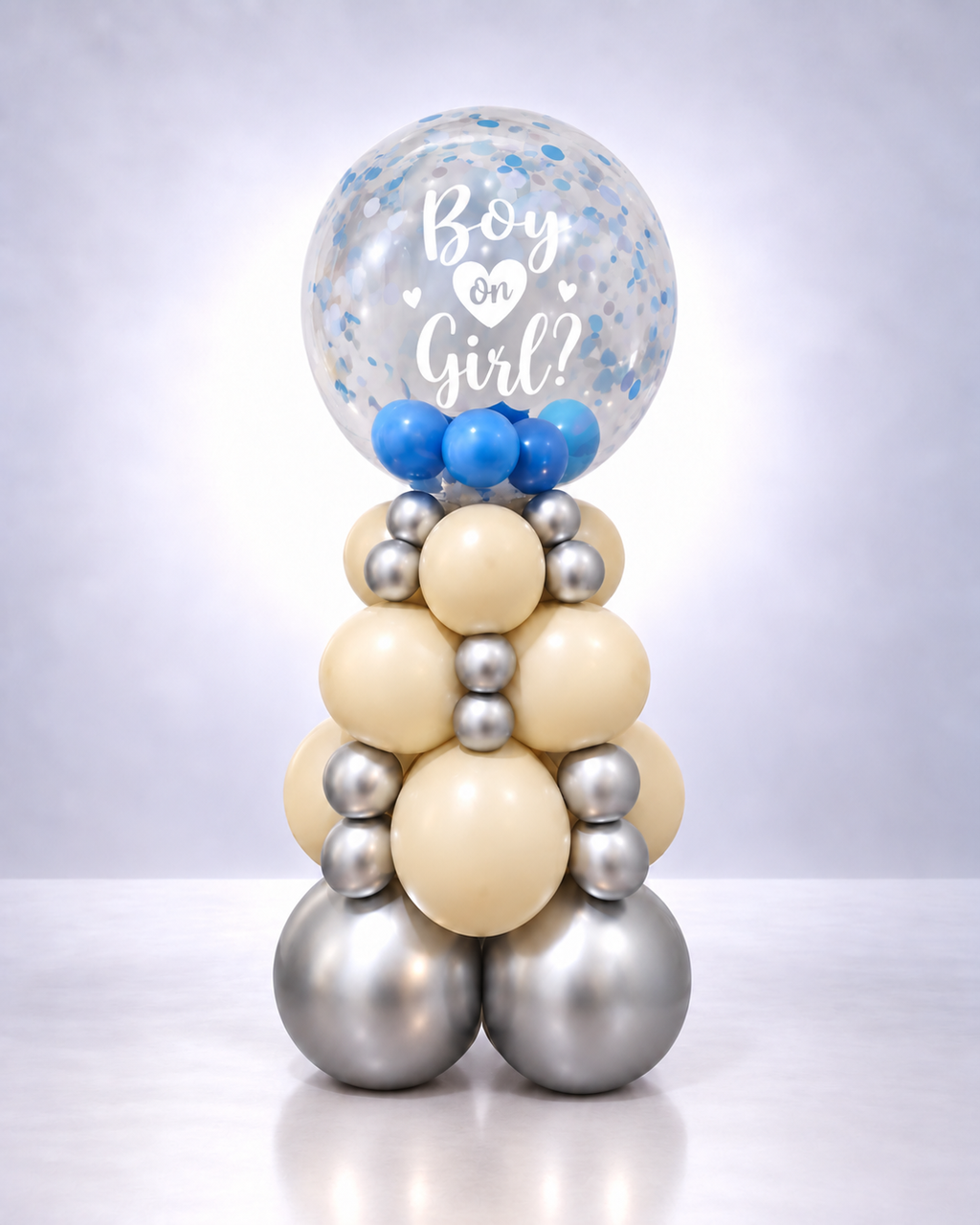 Elegant Silver & Ivory Gender Reveal Balloon Tower