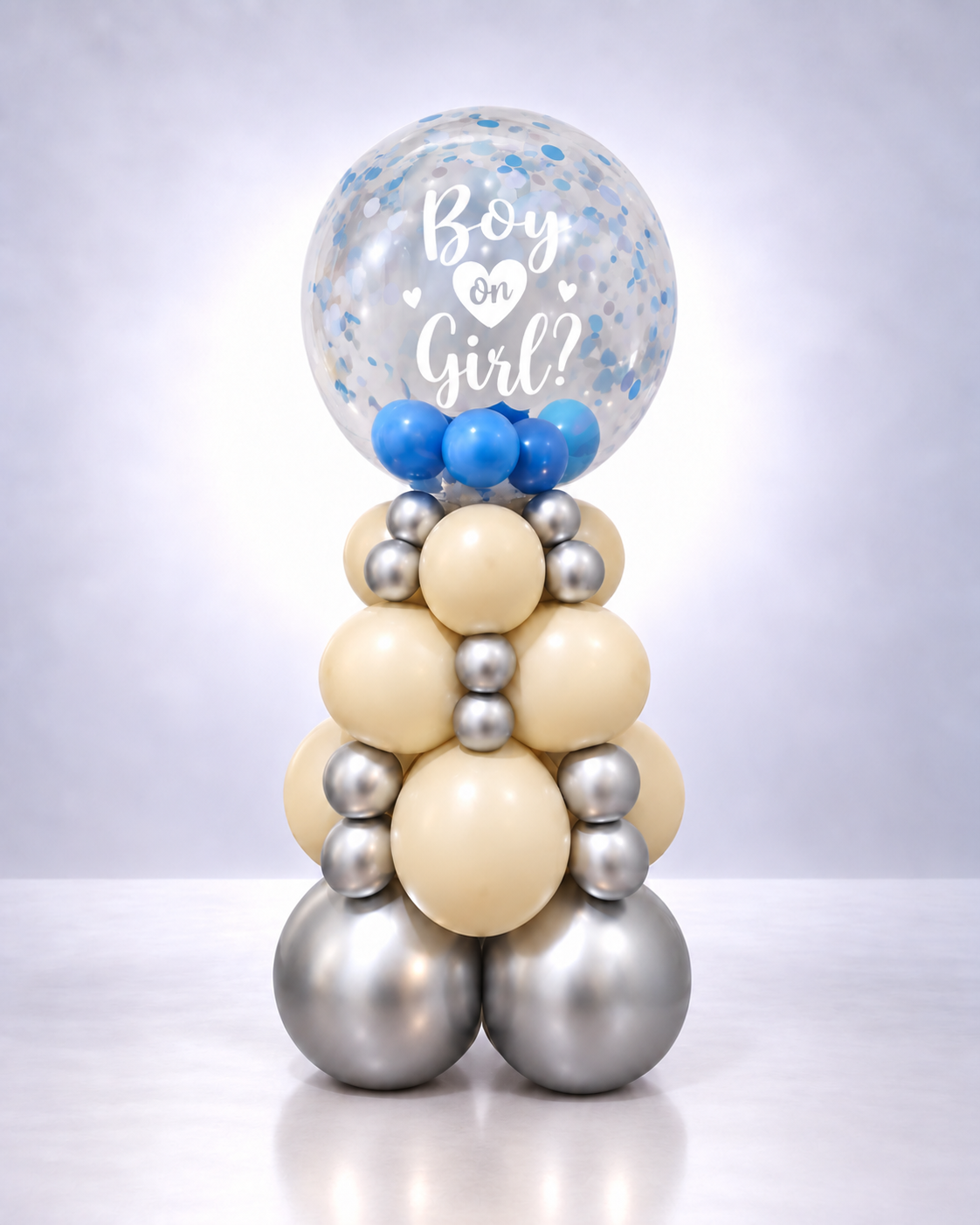 Elegant Silver & Ivory Gender Reveal Balloon Tower